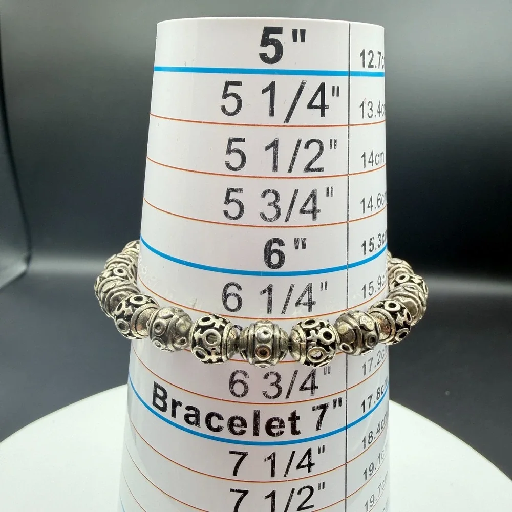 Silver Tone Ornate Beaded Stretch Bracelet Boho Statement Stackable Gift Fashion